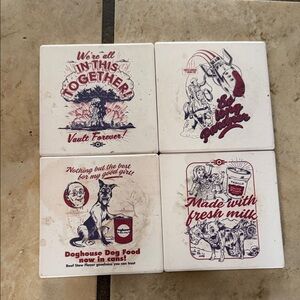 Fallout Vault Forever Ceramic Coaster Set - White with Red and Black Graphics